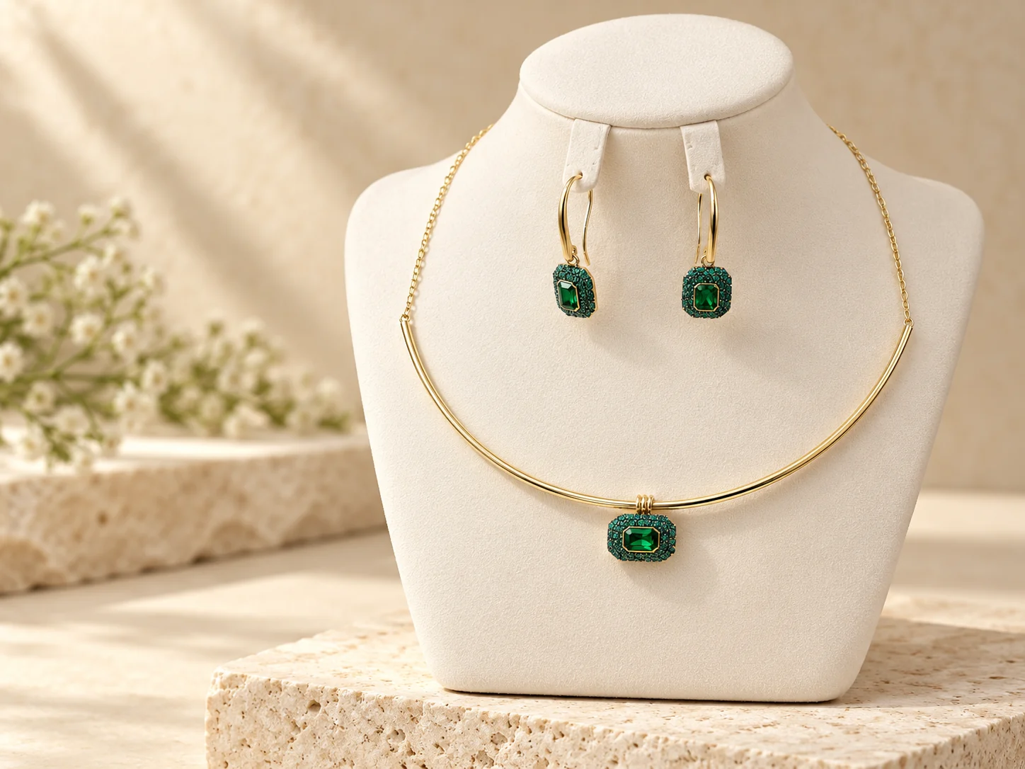Editorial styling concept featuring green jewelry on an ivory display